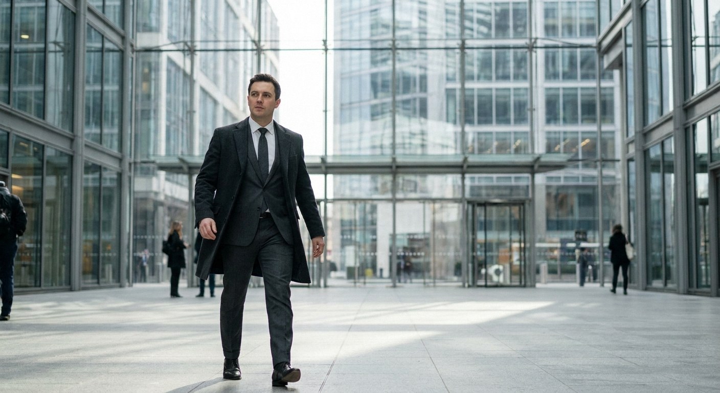 A well-dressed man walking through a modern business center, wearing a tailored suit, surrounded by glass architecture