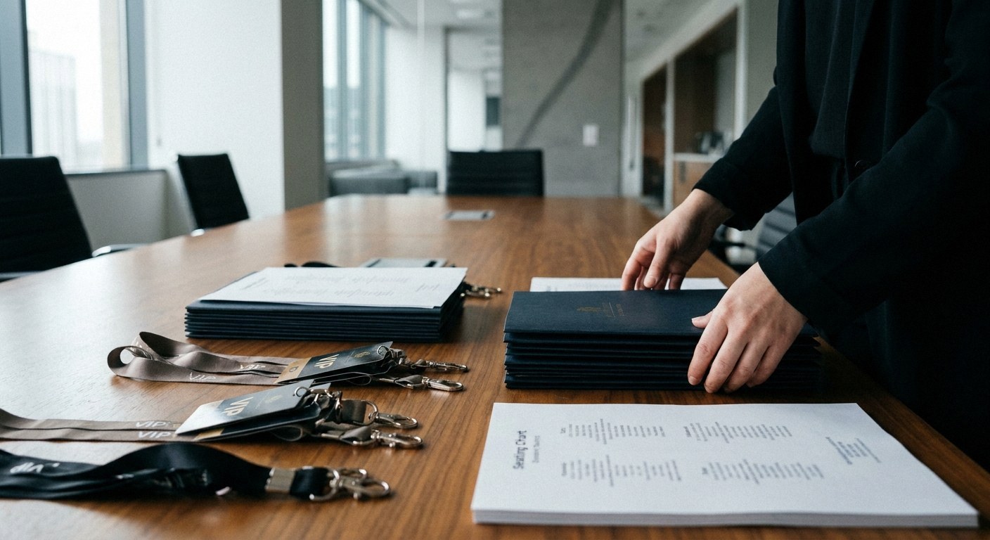 Hands of a person in a black suit adjusting dark folders on a wooden conference table. VIP lanyards and a seating chart