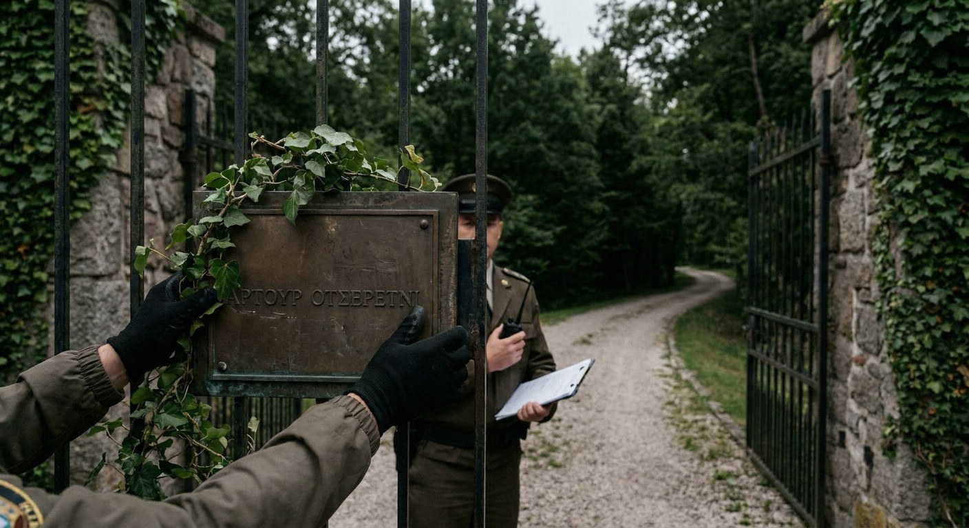 Wide context view of a highly secluded residential estate entrance featuring tall, ivy-covered stone walls and a closed