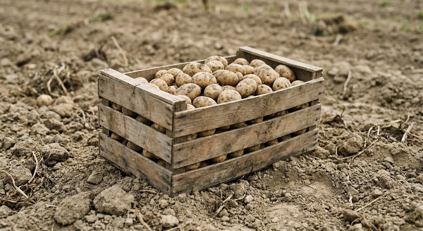 A wooden crate full of unwashed potatoes sits on clumpy, dry soil. Some loose potatoes and dried plant stalks are